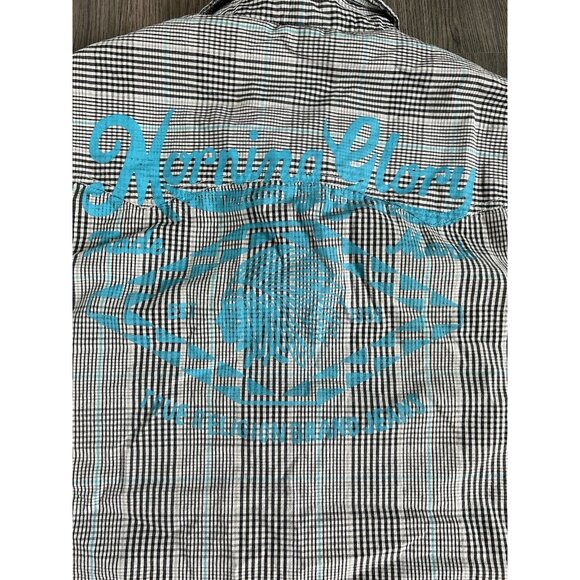 True Religion Shirt Mens Medium Blue Plaid Button Up Short Sleeve Morning Glory - Picture 7 of 9
